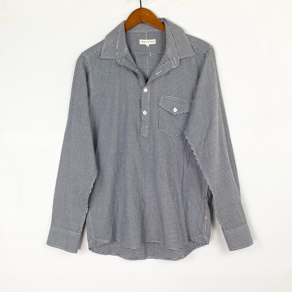 Far Afield Houndstooth Patterned Long Sleeve Pullover Shirt Size 2 Blue White